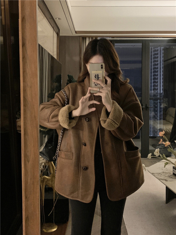 Geacă damă de iarnă în stil Maillard retro, poliester, guler polo, mâneci lungi, lungime normală