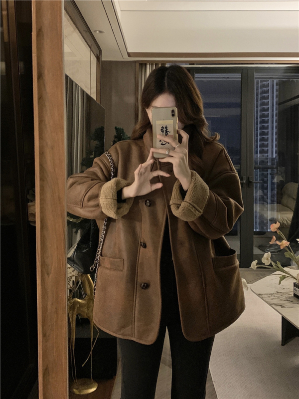 Geacă damă de iarnă în stil Maillard retro, poliester, guler polo, mâneci lungi, lungime normală