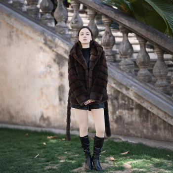 Palton din blană artificială de vizon, lungime medie, glugă, mâneci lungi, stil urban