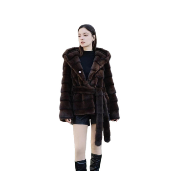 Palton din blană artificială de vizon, lungime medie, glugă, mâneci lungi, stil urban