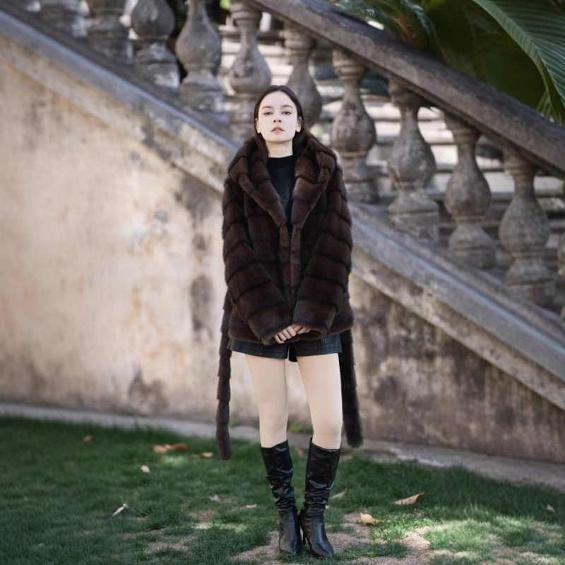 Palton din blană artificială de vizon, lungime medie, glugă, mâneci lungi, stil urban