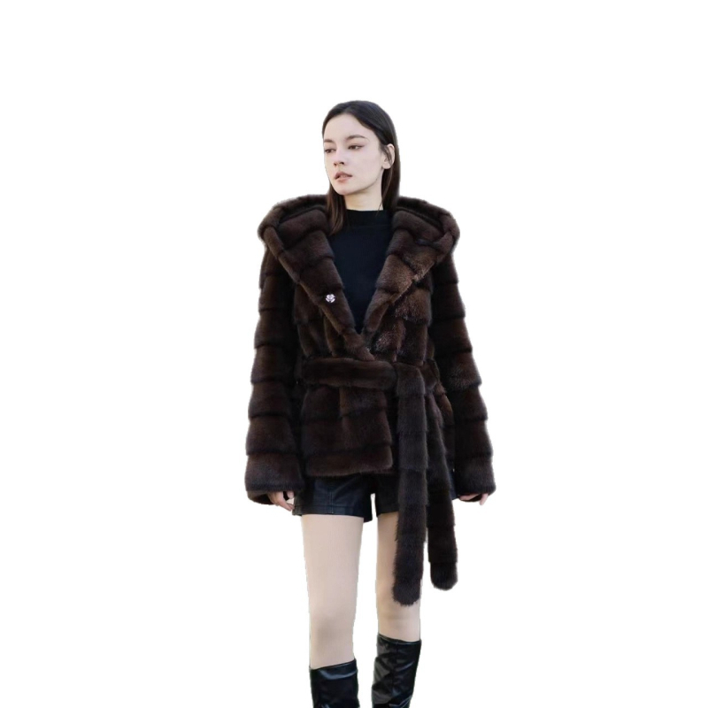 Palton din blană artificială de vizon, lungime medie, glugă, mâneci lungi, stil urban