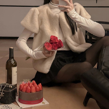 Vesta od norkine krzna, duga verzija, korejski stil, krzneni ovratnik, zima 2025