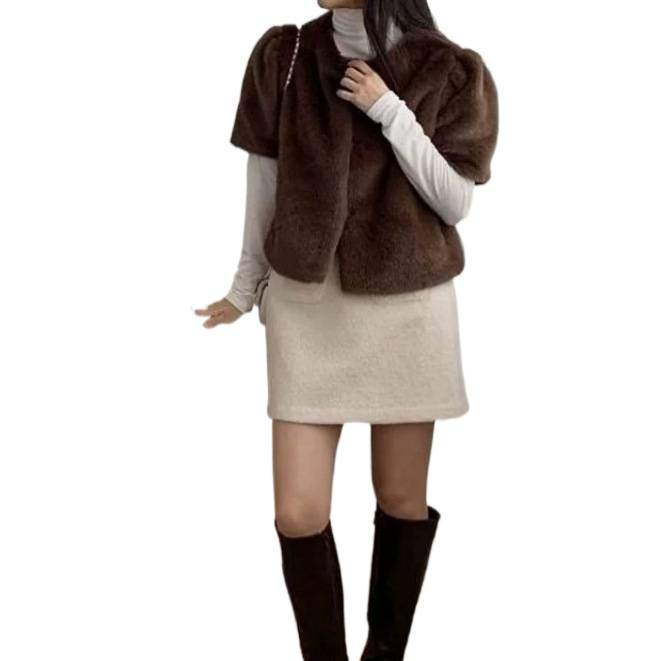 Vesta od norkine krzna, duga verzija, korejski stil, krzneni ovratnik, zima 2025