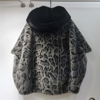 Puhati kaput s leopard printom od lažne kože, kapuljača, bez rukava, poliester tkanina, duljina 40–50 cm, euro-američki street stil