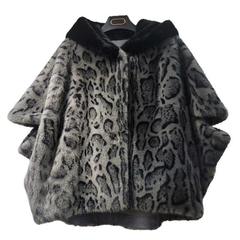 Puhati kaput s leopard printom od lažne kože, kapuljača, bez rukava, poliester tkanina, duljina 40–50 cm, euro-američki street stil