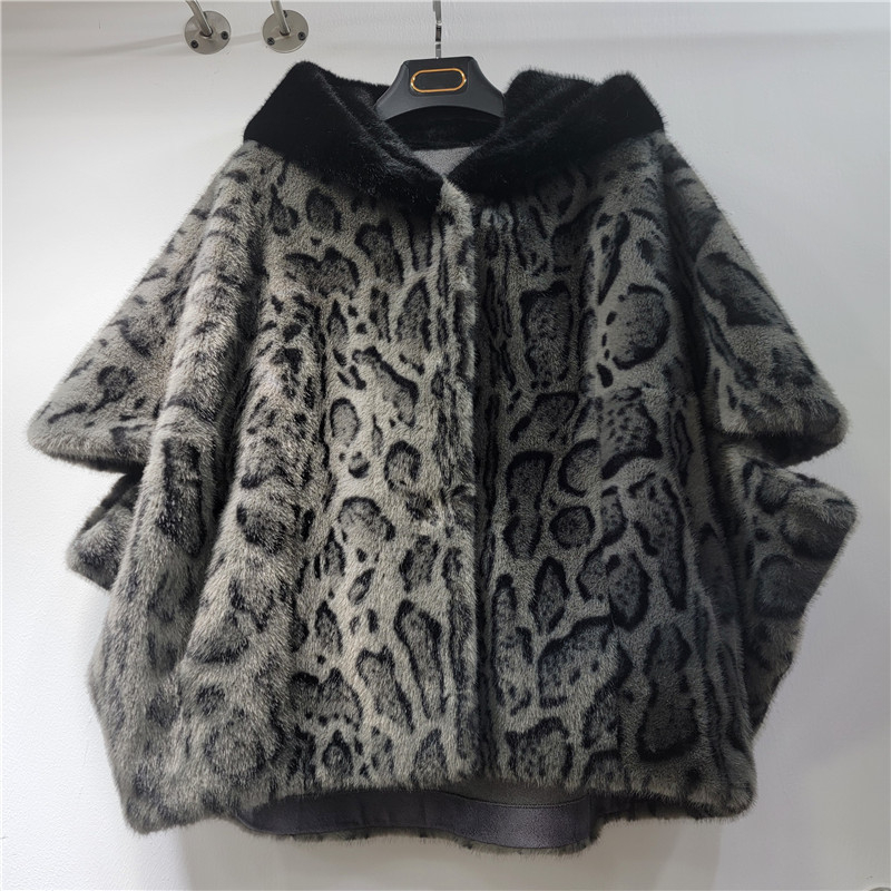 Puhati kaput s leopard printom od lažne kože, kapuljača, bez rukava, poliester tkanina, duljina 40–50 cm, euro-američki street stil