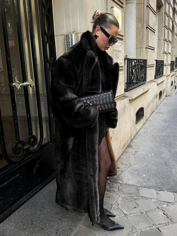 Palton din blană artificială cu guler de blană, lung peste genunchi, mâneci lungi, pentru femei adulte