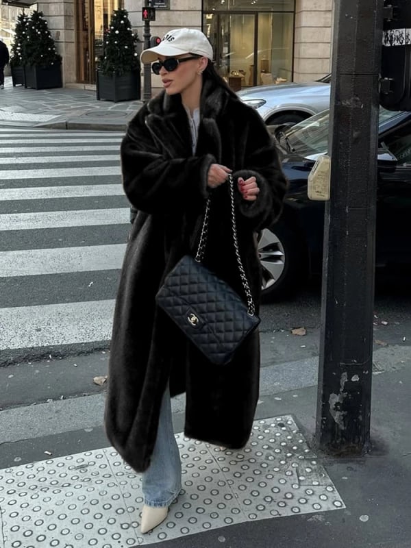 Palton din blană artificială cu guler de blană, lung peste genunchi, mâneci lungi, pentru femei adulte