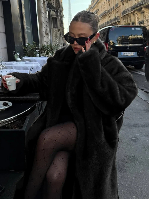 Palton din blană artificială cu guler de blană, lung peste genunchi, mâneci lungi, pentru femei adulte