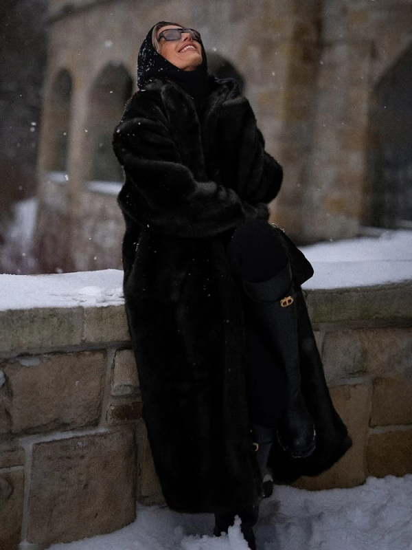 Palton din blană artificială cu guler de blană, lung peste genunchi, mâneci lungi, pentru femei adulte