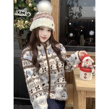 Jachetă de damă din fleece, cu guler înalt, model jacquard Fair Isle, blană artificială, 30-50% elastan