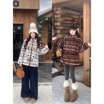 Jachetă de damă din fleece, cu guler înalt, model jacquard Fair Isle, blană artificială, 30-50% elastan