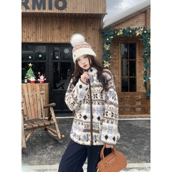 Jachetă de damă din fleece, cu guler înalt, model jacquard Fair Isle, blană artificială, 30-50% elastan