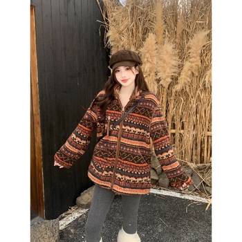 Jachetă de damă din fleece, cu guler înalt, model jacquard Fair Isle, blană artificială, 30-50% elastan