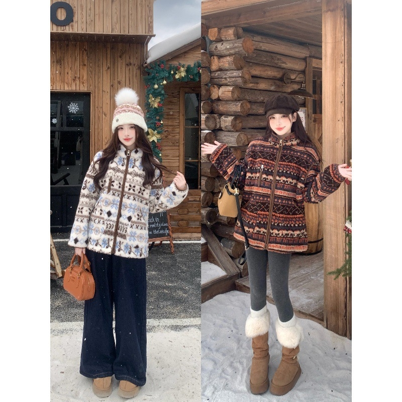 Jachetă de damă din fleece, cu guler înalt, model jacquard Fair Isle, blană artificială, 30-50% elastan