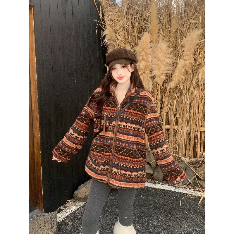 Jachetă de damă din fleece, cu guler înalt, model jacquard Fair Isle, blană artificială, 30-50% elastan