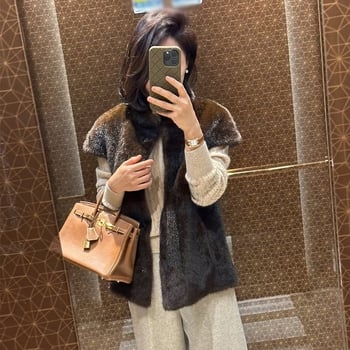 Vesta din blană de nurcă, guler polo, lungime 50–65 cm, Iarna 2025