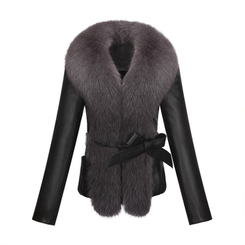 Ženski kratki PU kožni kaput s kragnom od umjetnog krzna, dugi rukavi, V izrez, elegantan stil, duljina 50–65 cm, proljeće 2024