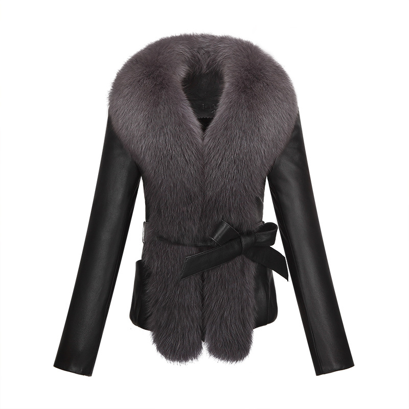 Ženski kratki PU kožni kaput s kragnom od umjetnog krzna, dugi rukavi, V izrez, elegantan stil, duljina 50–65 cm, proljeće 2024