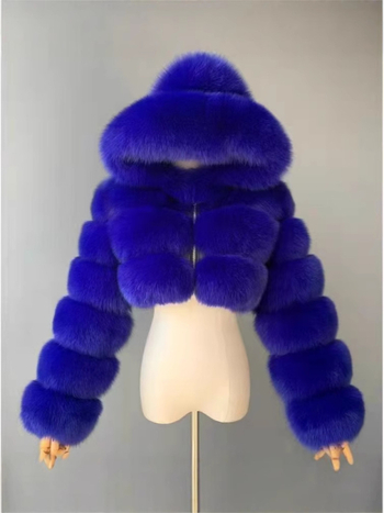 Geacă scurtă din blană artificială cu glugă pentru femei, mâneci lungi, primăvara 2025