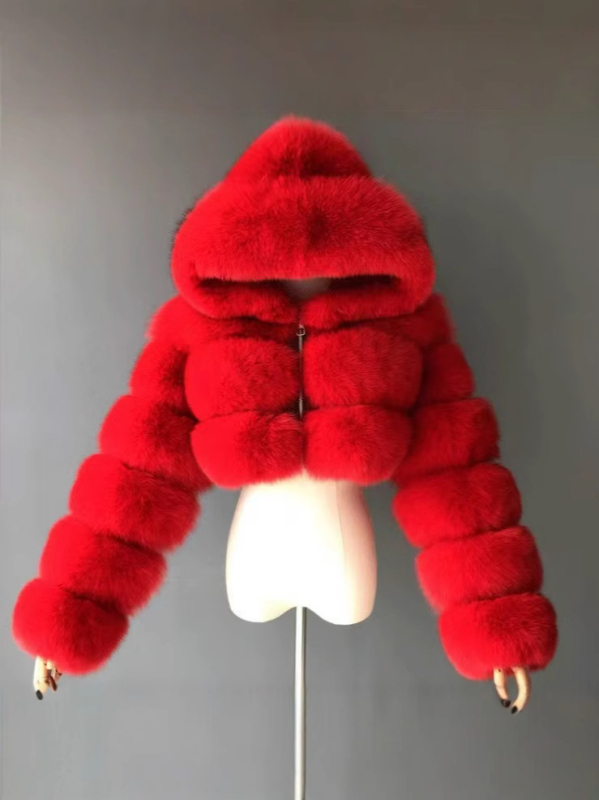 Geacă scurtă din blană artificială cu glugă pentru femei, mâneci lungi, primăvara 2025