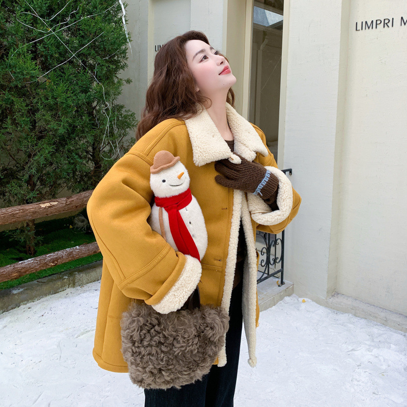 Γυναικείο παλτό από πολυεστέρα με ψεύτικη γούνα, κουκούλα, μακριά μανίκια, χαλαρή γραμμή, ιαπωνο-κορεατικό στυλ.