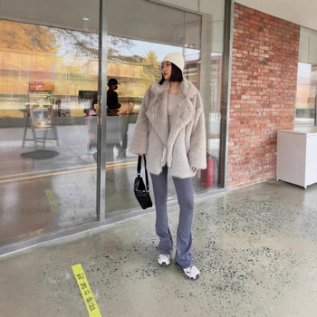 Palton din blană artificială, lungime medie, cu guler de costum, stil european-american, iarna 2025, pentru femei