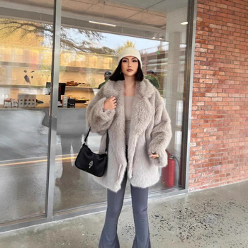 Palton din blană artificială, lungime medie, cu guler de costum, stil european-american, iarna 2025, pentru femei
