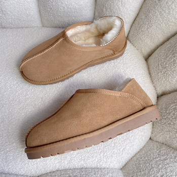 Pantofole de iarnă unisex, cu căptușeală din blană și curea pe spate, încălțăminte caldă, antiderapantă, partea superioară din nubuc de vițel, talpă TPR