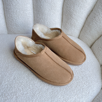 Pantofole de iarnă unisex, cu căptușeală din blană și curea pe spate, încălțăminte caldă, antiderapantă, partea superioară din nubuc de vițel, talpă TPR