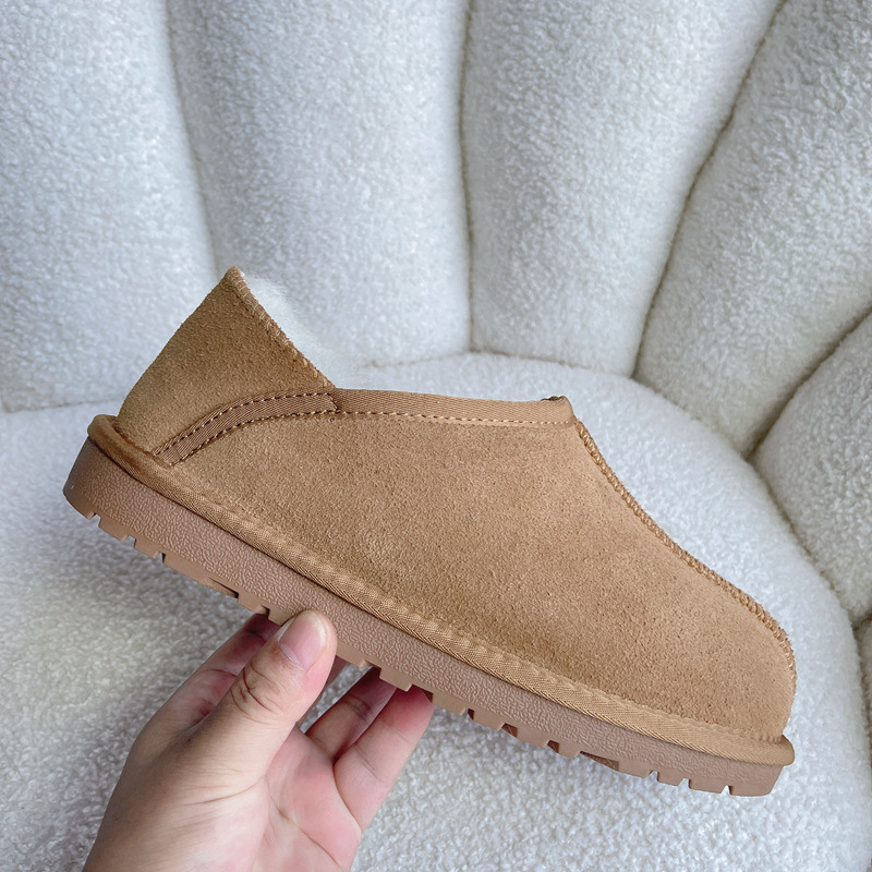 Pantofole de iarnă unisex, cu căptușeală din blană și curea pe spate, încălțăminte caldă, antiderapantă, partea superioară din nubuc de vițel, talpă TPR