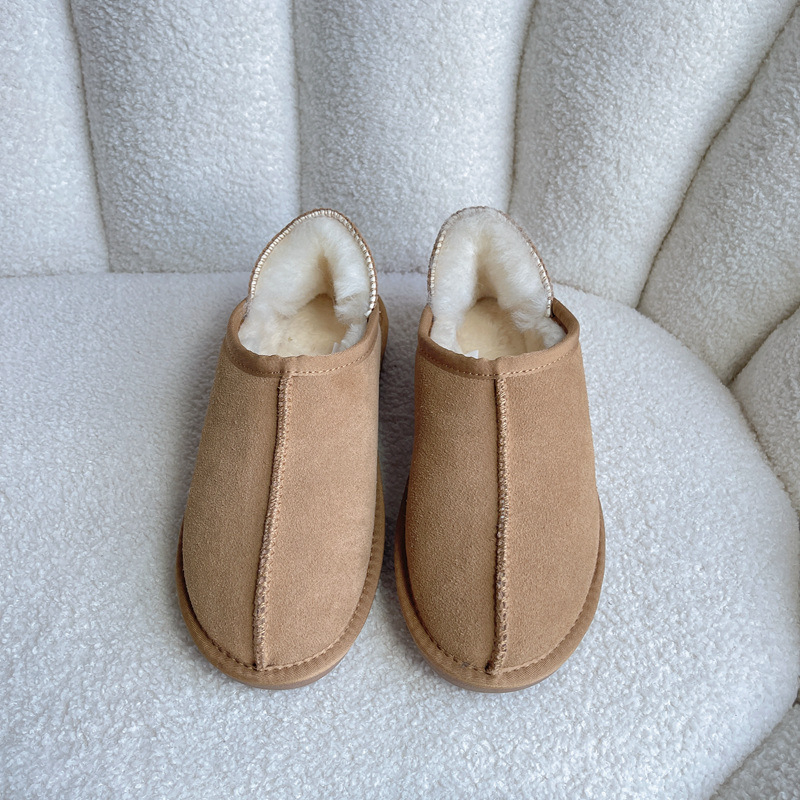 Pantofole de iarnă unisex, cu căptușeală din blană și curea pe spate, încălțăminte caldă, antiderapantă, partea superioară din nubuc de vițel, talpă TPR