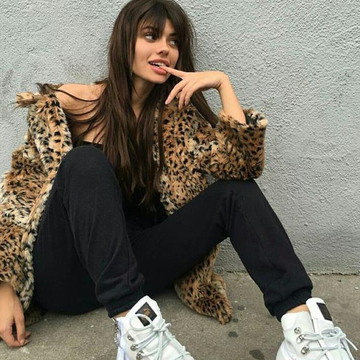 Palton de blană artificială cu imprimeu leopard, mâneci lungi, guler clasic, pentru femei