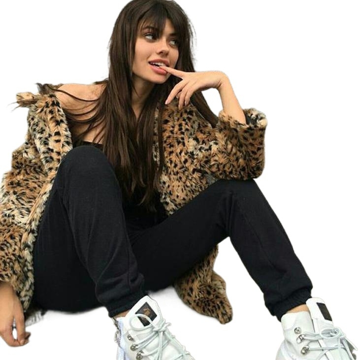 Palton de blană artificială cu imprimeu leopard, mâneci lungi, guler clasic, pentru femei