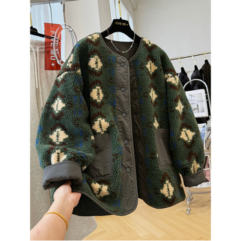 Sievietes reversā flēses jaka ar apaļu kaklu, ģeometrisks raksts, bieza un silta