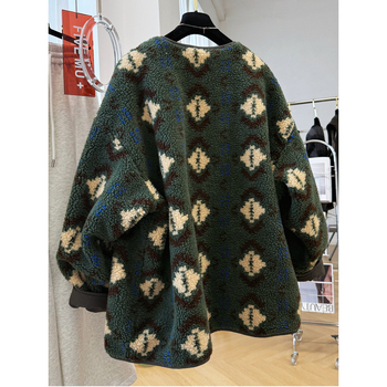Sievietes reversā flēses jaka ar apaļu kaklu, ģeometrisks raksts, bieza un silta
