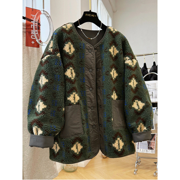 Sievietes reversā flēses jaka ar apaļu kaklu, ģeometrisks raksts, bieza un silta