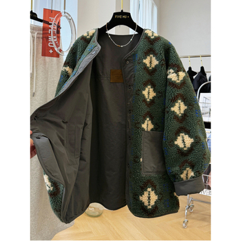 Sievietes reversā flēses jaka ar apaļu kaklu, ģeometrisks raksts, bieza un silta