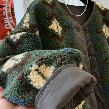 Sievietes reversā flēses jaka ar apaļu kaklu, ģeometrisks raksts, bieza un silta