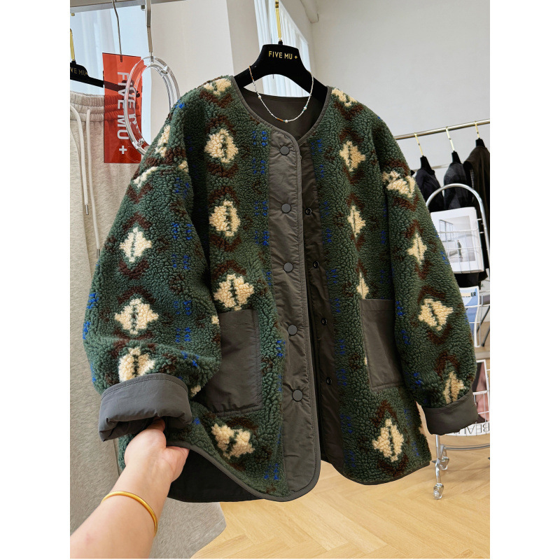 Sievietes reversā flēses jaka ar apaļu kaklu, ģeometrisks raksts, bieza un silta