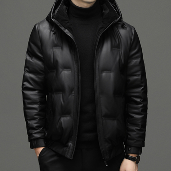 Muško kožno jakna od prave ovčje kože s odvojivom kapulom i prednjim zatvaračem – zima 2022