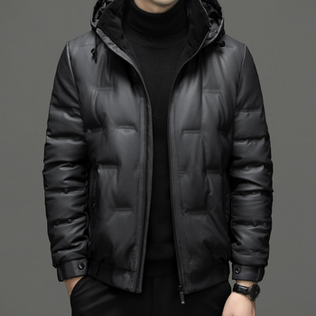 Muško kožno jakna od prave ovčje kože s odvojivom kapulom i prednjim zatvaračem – zima 2022