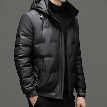 Muško kožno jakna od prave ovčje kože s odvojivom kapulom i prednjim zatvaračem – zima 2022