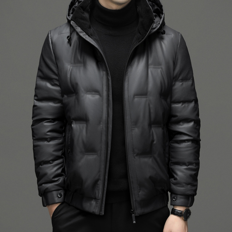 Muško kožno jakna od prave ovčje kože s odvojivom kapulom i prednjim zatvaračem – zima 2022