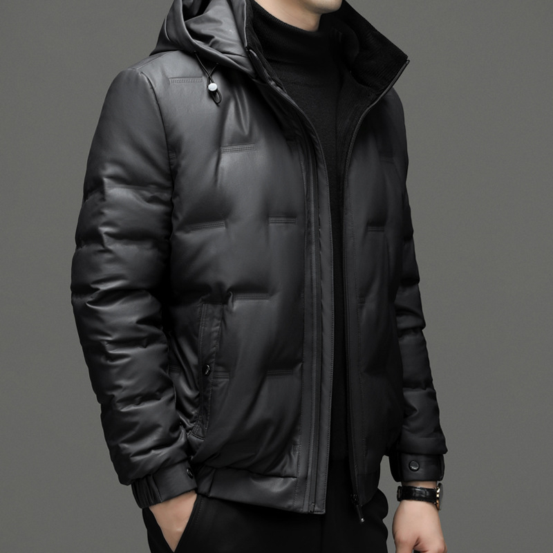 Muško kožno jakna od prave ovčje kože s odvojivom kapulom i prednjim zatvaračem – zima 2022