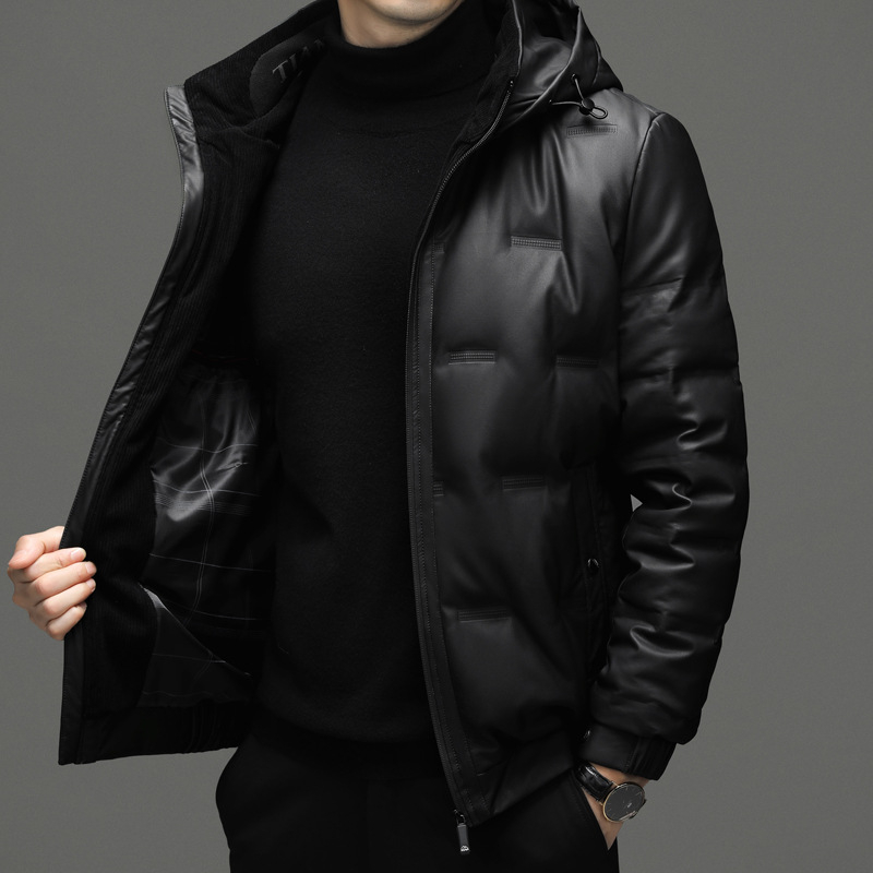 Muško kožno jakna od prave ovčje kože s odvojivom kapulom i prednjim zatvaračem – zima 2022