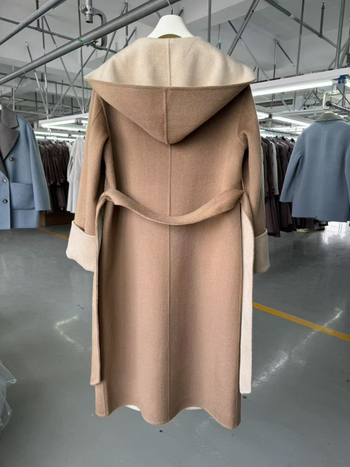 Sieviešu garš vilnas mētelis ar kapuci, divpusējs dizains, brīvā piegriezuma, britu stils, vilnas saturs 95% un vairāk