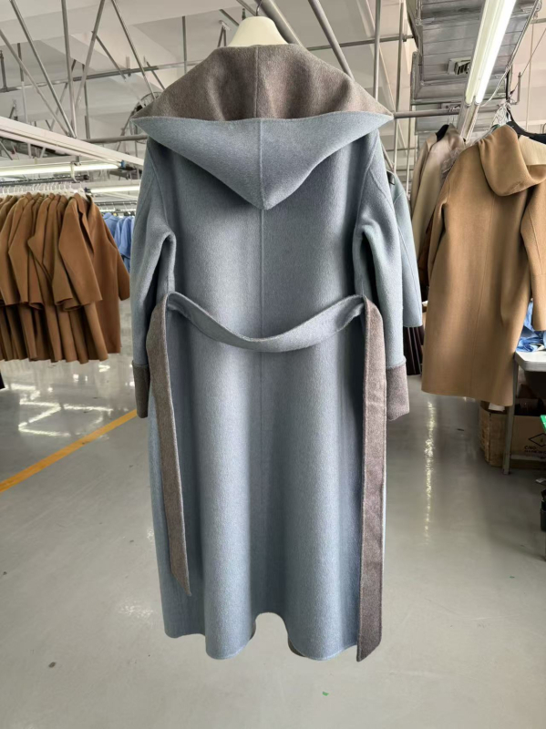 Sieviešu garš vilnas mētelis ar kapuci, divpusējs dizains, brīvā piegriezuma, britu stils, vilnas saturs 95% un vairāk