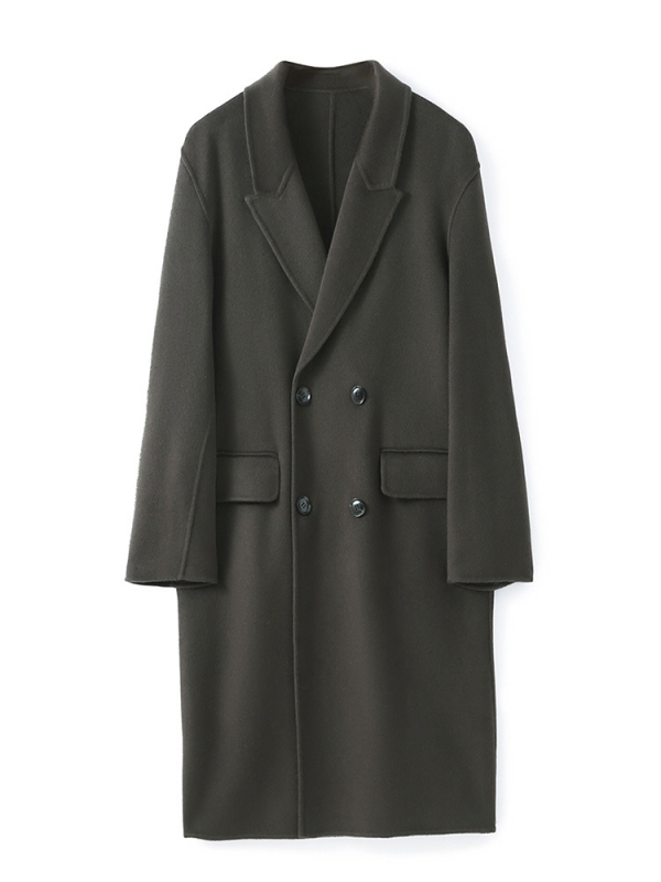 Vyriškas vilninis paltas iš 100% vilnos, dviejų eilių sagčių užsegimas, laisvas kirpimas, be pamušalo, vientisa spalva